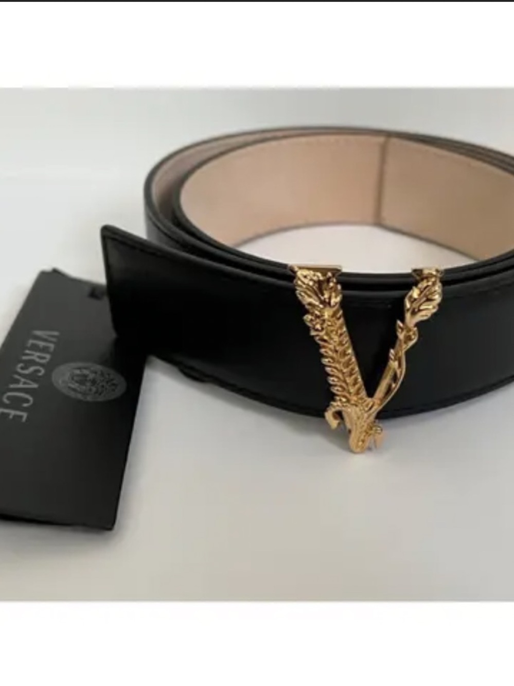 Versace Virtus Black Leather Belt with Gold Buckle - Picture 7 of 8